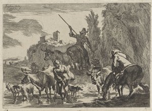 Pastori con bestiame che attraversano un ruscello (Paesaggi) da Cornelis Visscher (II)