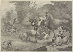 Paesaggio con un pastore e una pastorella che cuce da Cornelis Visscher (II)