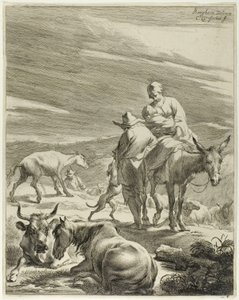 Una madre e un bambino inghirlandato che cavalcano un asino, tavola 4 da Quattro paesaggi da Cornelis Visscher