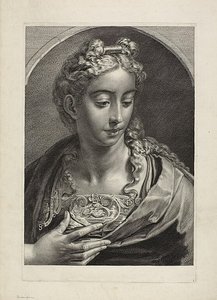 Atena, da Cabinet Reynst; Variarum imaginum a celeberrimis artificibus pictarum Caelaturae (Cabinet Reynst: Incisioni di varie immagini dipinte da artisti famosi) da Cornelis Visscher
