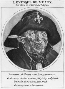 Caricatura protestante di Bossuet, vescovo di Meaux, illustrazione da Les Heros de La Ligue ou La Procession monacale, conduite par Louis XIV, pour la conversion des protestants de son royaume, Parigi