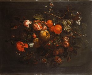 Un bouquet di frutta e fiori appeso a un chiodo in una nicchia da Cornelis de Heem