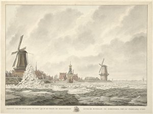 Vista del ghiaccio che si accumula contro il parapetto dietro il mulino a vento di Gorinchem, 20 febbraio 1799 da Cornelis de Jonker