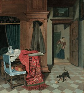 Interno con tappeto, spada e brocca su un tavolo, violoncello su una sedia, cappotto appeso a un armadio, gatto che gioca con una palla, domestica oltre da Cornelis de Man
