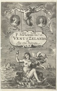 Venere su conchiglia con cuore ardente e freccia davanti alla costa della Zelanda, sopra due medaglioni con ritratti di Cloës e Blondae e cartiglio con titolo tenuto da Amore (frontespizio per: Venus Zelanda et alia ejus Poëmata, L