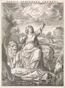 Personificazione femminile del continente Africa come donna con pelle di leone seduta tra leoni da Cornelis van Dalen (II)