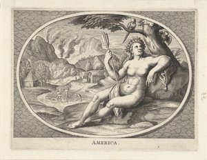 Personificazione femminile del continente America come donna con copricapo di piume e freccia in un paesaggio da Cornelis van Dalen (II)