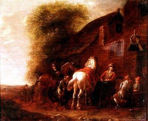 Cavalieri fuori da una locanda di un villaggio