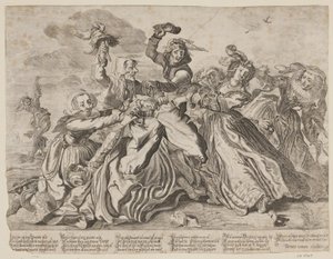Sette donne che litigano per un paio di pantaloni da uomo da Cornelis van Kittensteyn