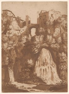 Veduta di Tivoli con il ponte sulla cascata dell