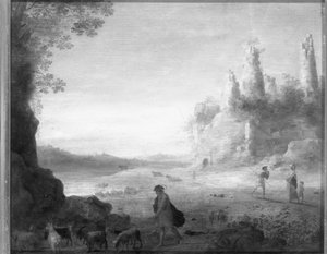 Paesaggio italianizzante con Diana e Callisto con un capraio vicino a un castello in rovina