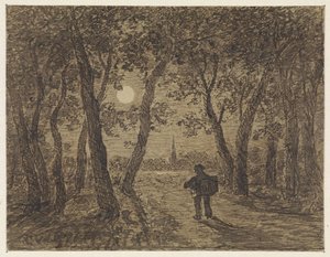 Uomo che cammina fuori da un bosco al chiaro di luna