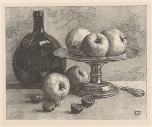 Natura morta con bottiglia, piatto, mele, castagne e coltello