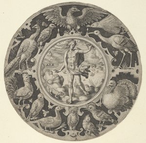 Aer in una cornice decorativa con uccelli, da una serie di disegni circolari con il F..., 1590-1612