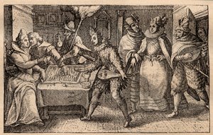 Una partita di backgammon con giocatori itineranti - Incisione su rame olandese; da una serie di stampe, Hortus Voluptatem, di Crispin de Passe (1550-1643) - Una coppia che gioca a backgammon sorpresa da cinque uomini mascherati incisione di Crispin de Pas da Crispin I de Passe
