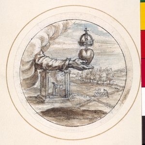 Mano che sostiene un cuore con una corona imperiale (penna e inchiostro marrone con lavaggio marrone e grigio su carta)