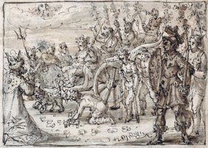 Ingresso trionfale di Bacco indiano a Tebe (penna e inchiostro marrone con lavaggio marrone su carta) da Crispin I de Passe
