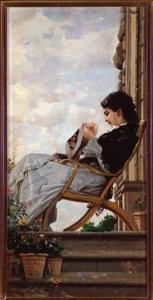 Donna che cuce sulla terrazza