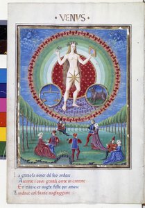 Cometa con i segni zodiacali della bilancia e del toro. In basso, le scene galanti. Miniatura realizzata da Cristoforo de Predis (v. 1440-v. 1486) - in 