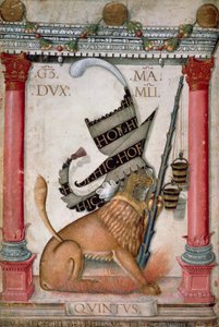 Simbolo araldico raffigurante uno stemma con un leone, scintille e secchi di Galeazzo Maria Sforza, pagina miniata di Cristoforo de Predis dal Codice del Nuovo Testamento, varia 124, Italia 1475