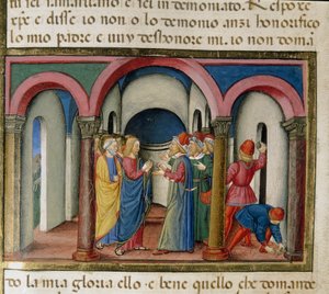 Gesù viene interpellato vicino al tempio di Salomone da ebrei che gli chiedono di provare la sua identità Miniatura di Cristoforo De Predis (1440-1486) dopo la Storia del Nuovo Testamento