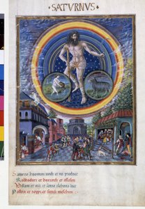 Saturno con segni zodiacali di acquario e capricorno. In basso, le scene di gioco e la sua influenza sugli uomini. Miniatura realizzata da Cristoforo de Predis (v. 1440-v. 1486) - in "De Sphaera" d