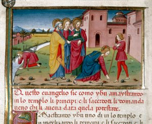 Gesù ridona la vista a un cieco nato Miniatura di Cristoforo De Predis (1440-1486) dopo la Storia del Nuovo Testamento (fol. 7) da Cristoforo De Predis