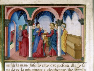 Gesù raddrizza una donna con arti deformati in una sinagoga Miniatura di Cristoforo De Predis (1440-1486) dopo la Storia del Nuovo Testamento (fol. 78)