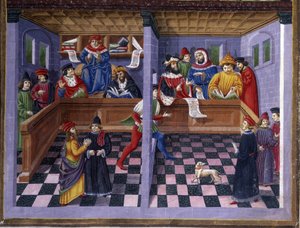 Il Tribunale in "Influenza di Marte": la caccia e il tribunale. Miniatura di Cristoforo de Predis in "De Sphaera" d