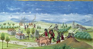 Saccheggio durante la guerra. dettaglio di "Influenza del Sole": La Guerra. Miniatura realizzata da Cristoforo de Predis (v. 1440-v. 1486) - in "De Sphaera" d