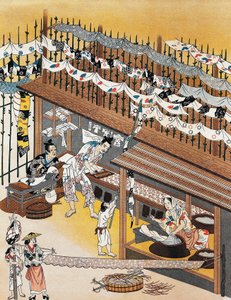 Artigiani al lavoro, dipingendo schermi di seta, Periodo Edo (1600-1868)