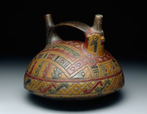 Vaso a doppio becco con manico a cinghia raffigurante un falco, Orizzonte Antico, Epoca 8, c.500-400 a.C.