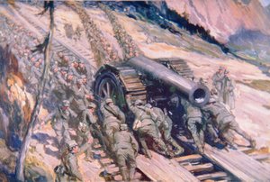 Italiani che trasportano artiglieria su una montagna (litografia a colori) da Cyrus Cuneo