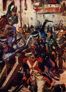 La Brigata dei Fucilieri che libera un villaggio (litografia a colori) da Cyrus Cuneo