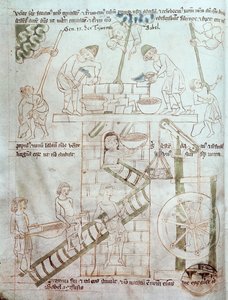 Ms 23 C 124 fol.3 La costruzione della Torre di Babele, dalla Bibbia di Velislav, c.1340
