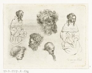 Foglio di studio con teste e corpi di donne da D. van den Bosch