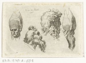 Foglio di studio con quattro teste, di cui due con mitra da D. van den Bosch