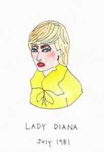 Lady Diana, 2017 (inchiostro india giallo, rosso, blu e marrone con pennarello su carta)