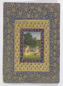 Layla che Legge a Majnun, che siede sotto un albero vicino a uno stagno di loto, Delhi, c.1720-40