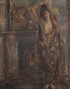 Donna drappeggiata in piedi accanto a un caminetto (verso), 1938