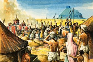 Indigeni indiani osservano un corteo di elefanti e soldati che si avvicina a un forte (gouache su carta)