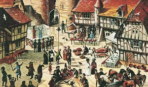 Fiera medievale (litografia a colori)