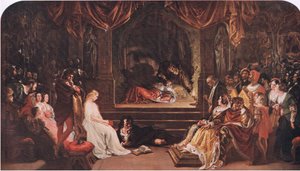 Amleto e gli attori (Amleto) "Lo avvelena nel giardino per lo stato", da Le opere complete di William Shakespeare pub. da J Coker & Co Ltd (litografia a colori) da Daniel Maclise