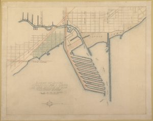 Tavola 72 dal Piano di Chicago: Chicago. Diagramma di schizzo dei moli suggeriti alla foce da Daniel Burnham