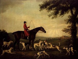 Cacciatore con cani in un paesaggio