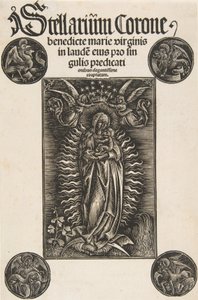 Vergine su una mezzaluna, frontespizio da Pelbartus de Temesvar: Stellarium corone Schr. 2869..., 1502 da Daniel Hopfer.