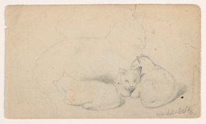 Disegno, Gatto e tre gattini; verso: Uomo arabo seduto che riceve un uomo, forse da David Roberts, 1844 da Daniel Huntington