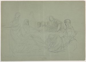 Disegno, Maria che lava i piedi a Cristo, diversi uomini seduti a un tavolo; verso: note, 1852 da Daniel Huntington