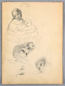 Madonna col Bambino, schizzi da Leonardo Da Vinci e Fra Bartolomeo di opere agli Uffizi, Firenze