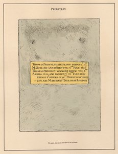 Targa di ottone iscrizione Thomas Priestly il Vecchio e il Giovane dalla Chiesa di Hornsey da Daniel Lysons